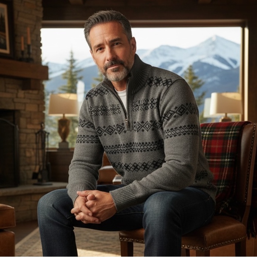 Carbon Gray Black Pattern 1/4 button Long Sleeve Knit Sweater Size S